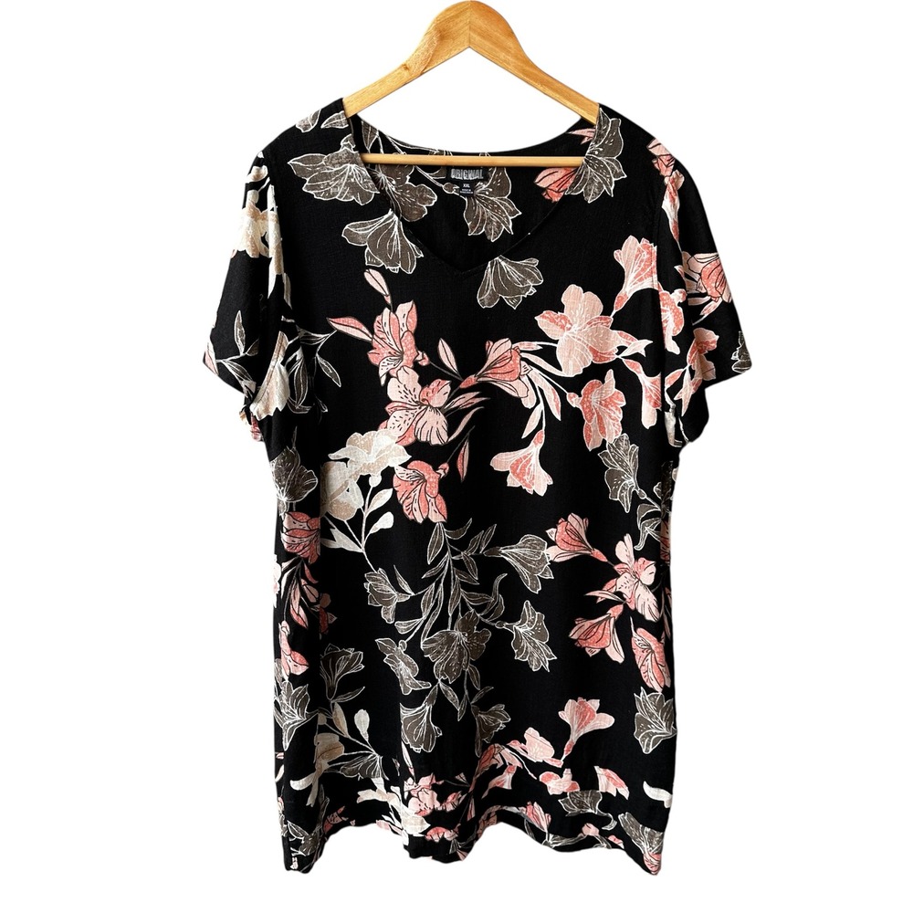 Nicole Miller Dress Black Pink Floral Linen Blend V-Neck Preppy Spring Size XXL